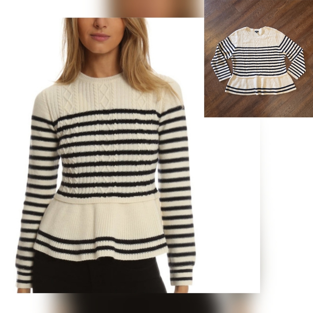 Talbots Sweater Ivory Black Stripe Knit Peplum Nautical Cotton Cashmere Blend 2X